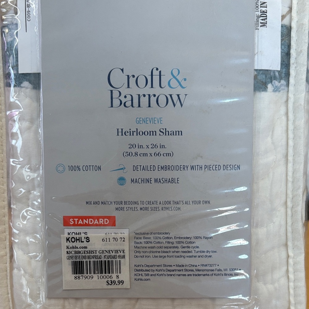 Croft & Barrow Genevieve Heirloom Standard Shams (2) Cotton Cream Blue Floral - Picture 3 of 4